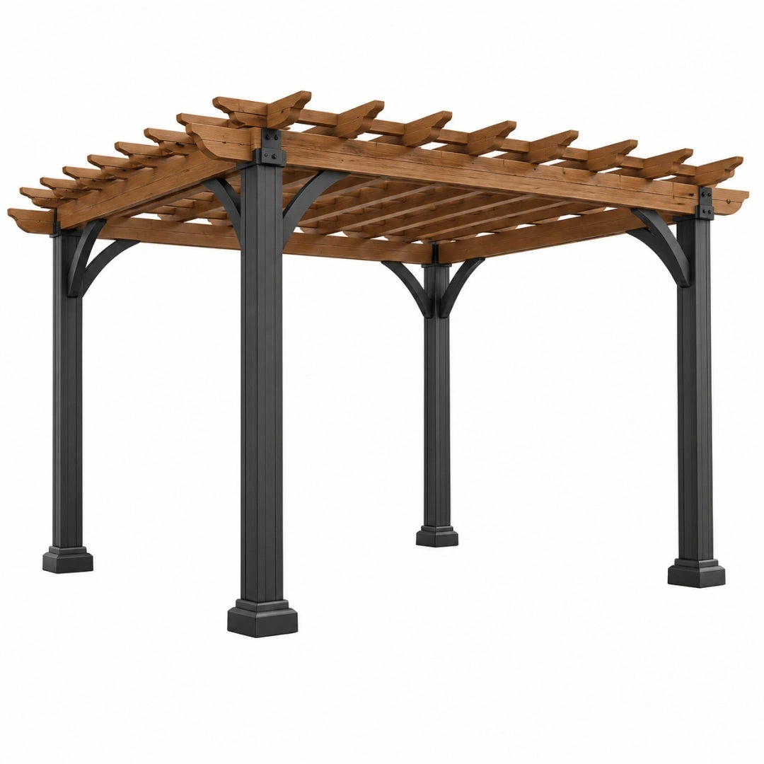 Pergola ogrodowa 300 x 300 x 240 cm z drewna i metalu brązowo-czarna - ażurowe zadaszenie