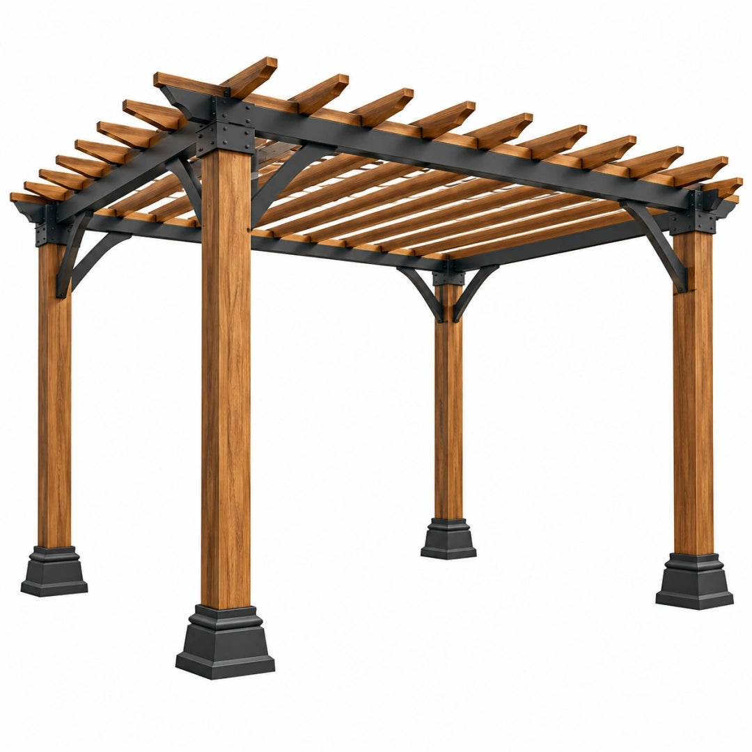 Pergola ogrodowa 400 x 300 x 250 cm drewniano-stalowa brązowo-czarna z ażurowym dachem