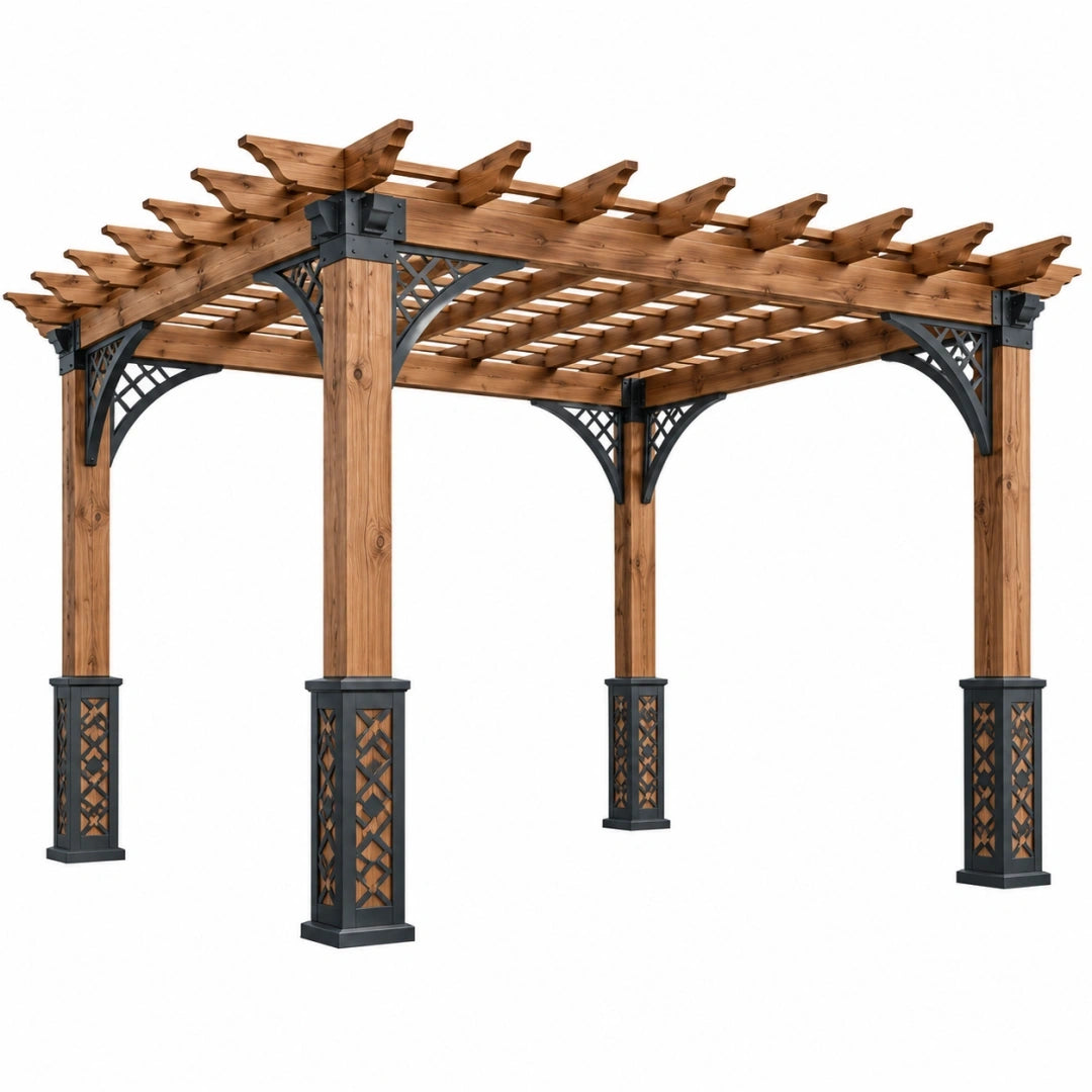 Pergola ogrodowa 360 x 360 x 250 cm z drewna i stali w kolorze brązowym i czarnym - ażurowa konstrukcja