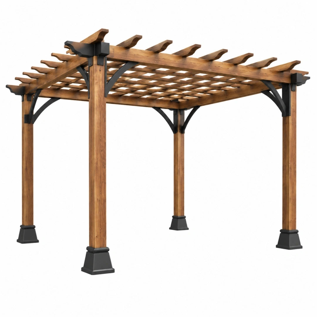 Pergola ogrodowa 300 x 300 x 240 cm z drewna brązowa z czarnymi wspornikami - ażurowa osłona tarasu