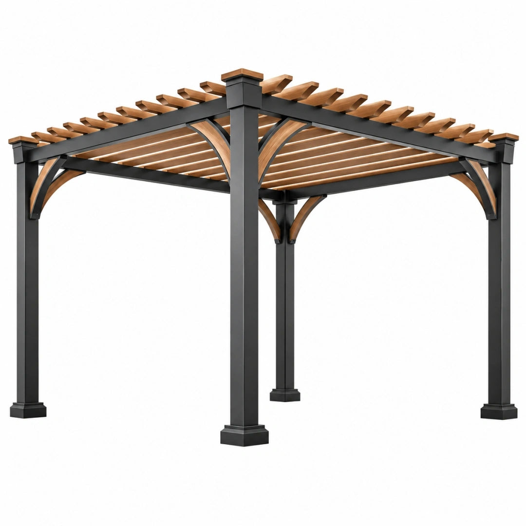 Pergola ogrodowa 300 x 300 x 240 cm stal i drewno czarna brązowa ażurowa