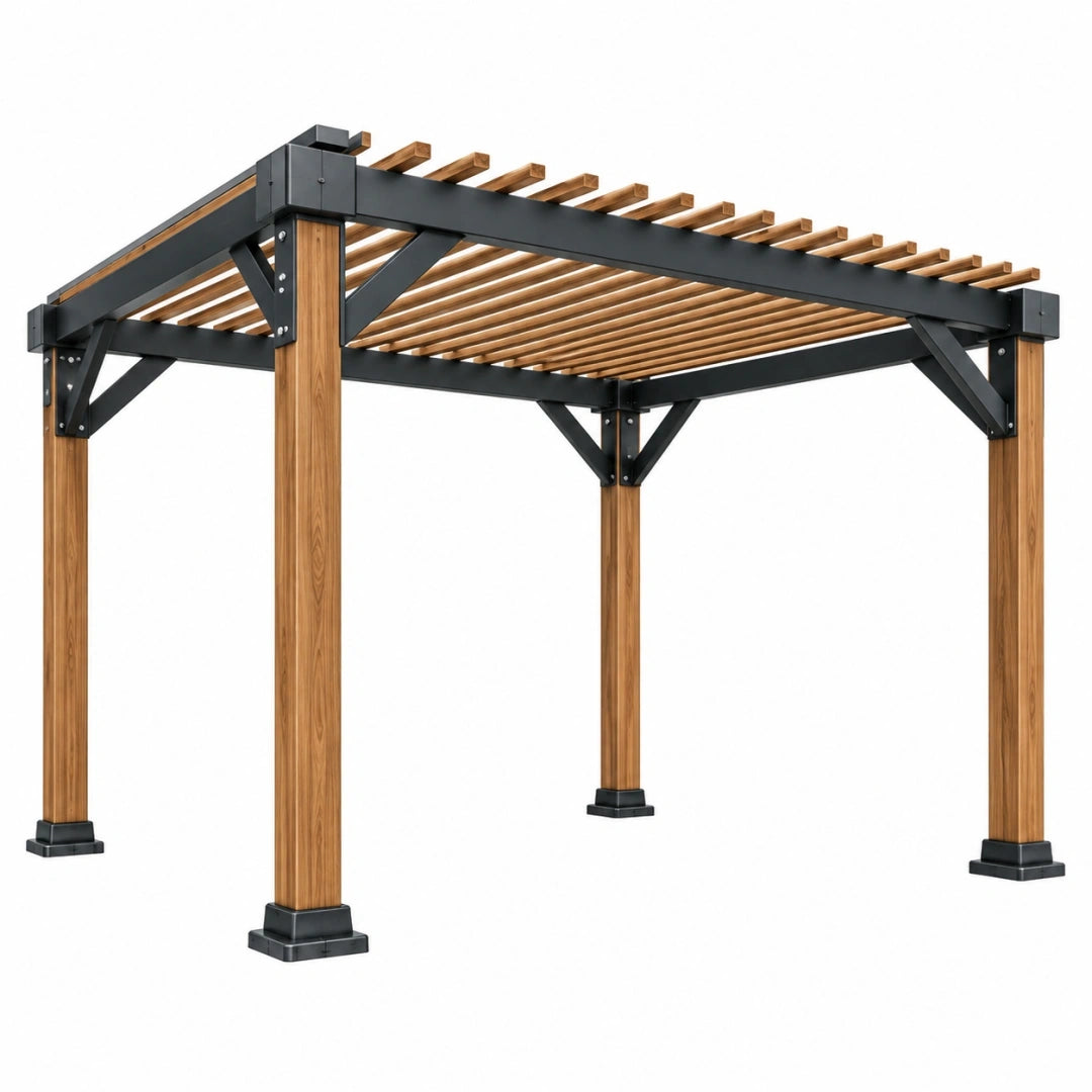 Pergola ogrodowa 300 x 300 x 230 cm z drewna i stali brązowo-czarna z listwowym zadaszeniem