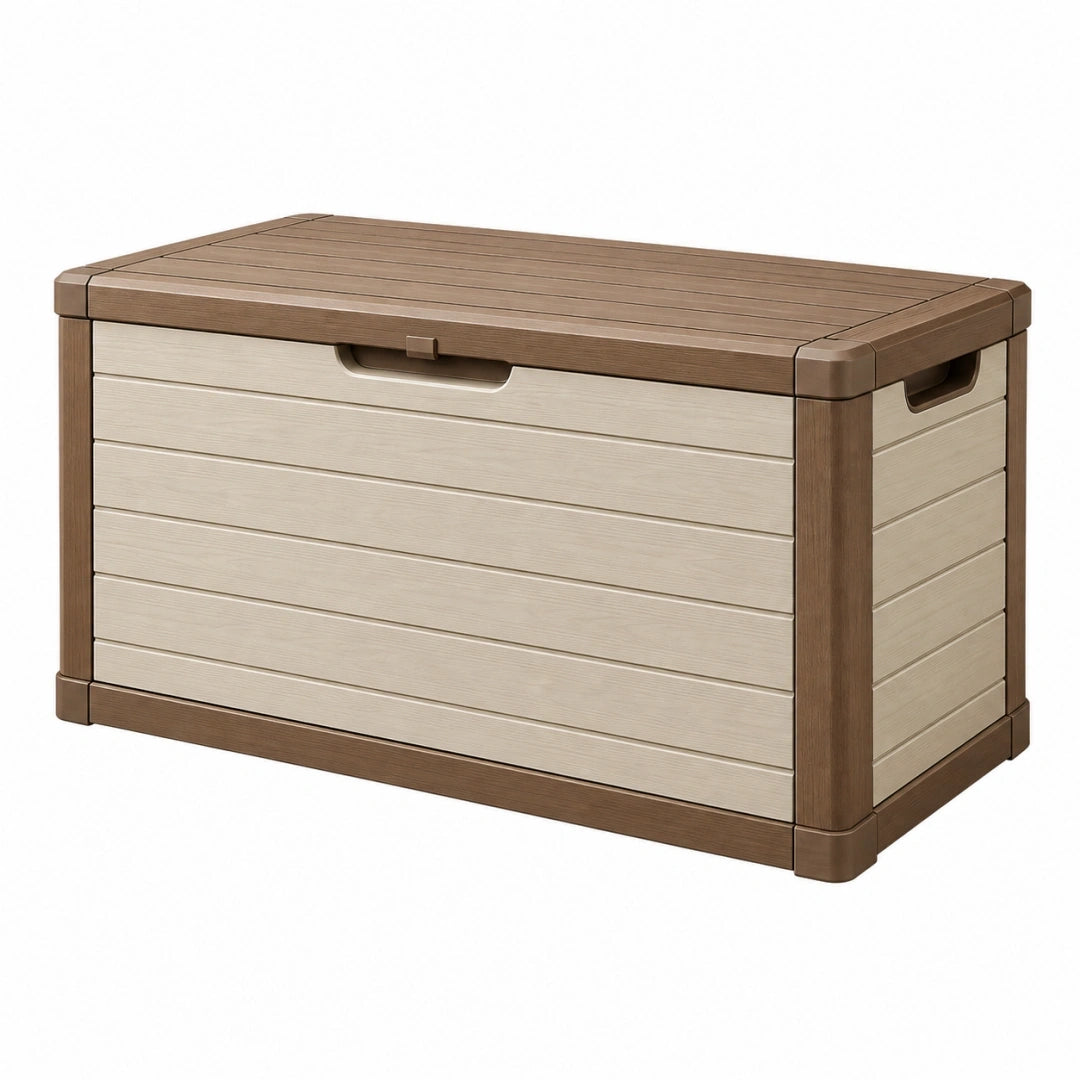 Skrzynia ogrodowa 120 cm x 60 cm x 60 cm z tworzywa sztucznego brązowo-beżowa z pokrywą