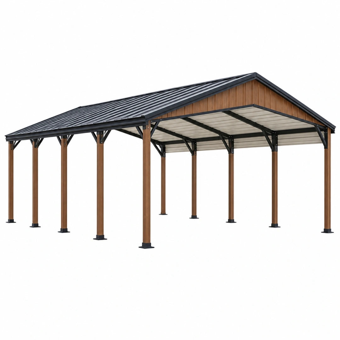 Wiata samochodowa 600 x 300 x 270 cm stalowa brązowo-czarna z dachem dwuspadowym
