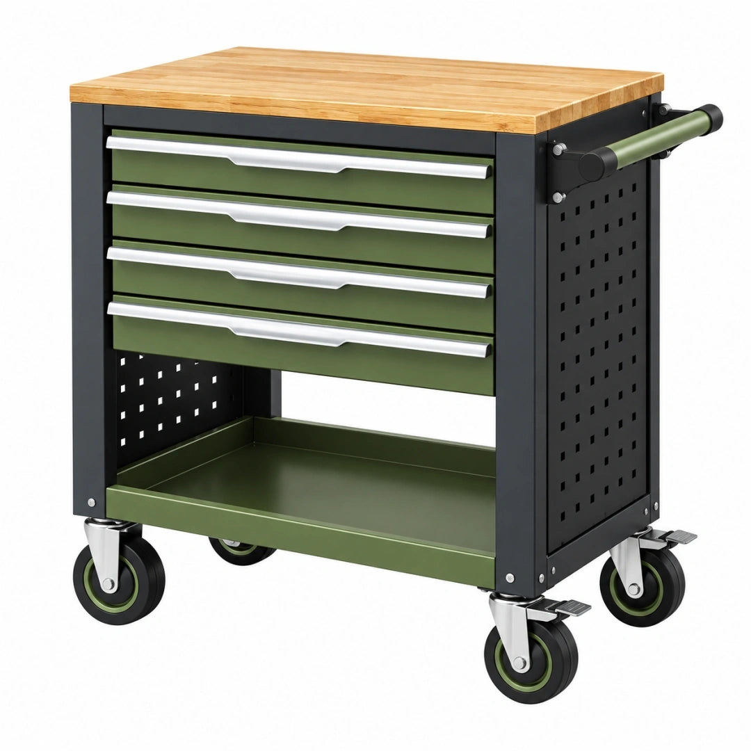 Wózek narzędziowy 80 x 45 x 95 cm stalowy zielony z bambusowym blatem mobilny