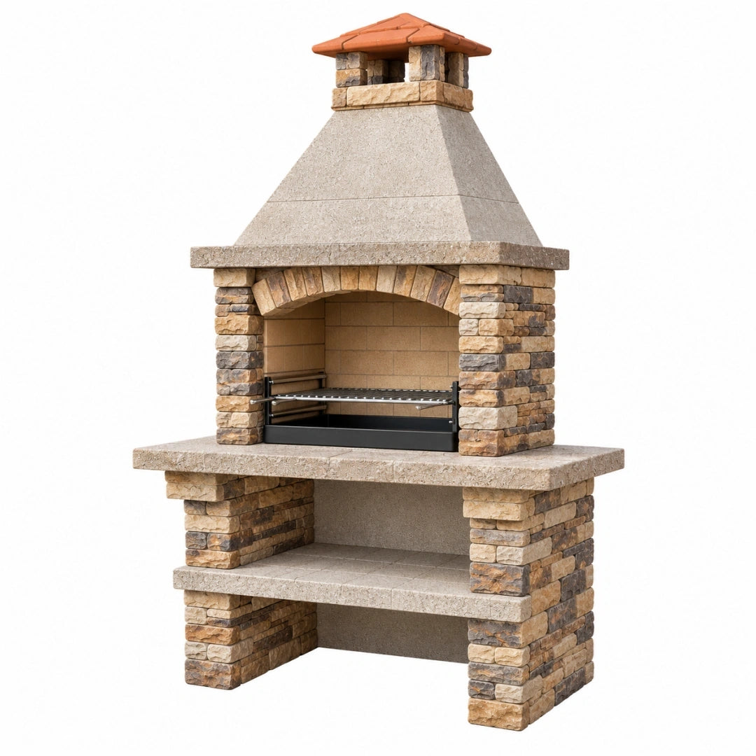 Grill ogrodowy murowany 120 x 80 x 230 cm kamień beżowo-brązowy z kominem i rusztem