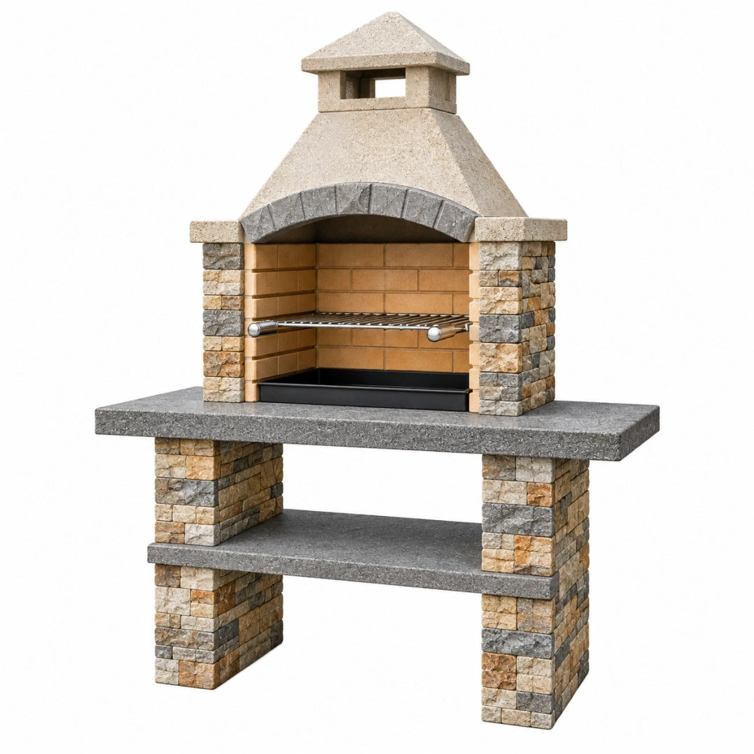 Grill ogrodowy 140 x 70 x 210 cm z kamienia i cegły beżowo-szary rustykalny z rusztem