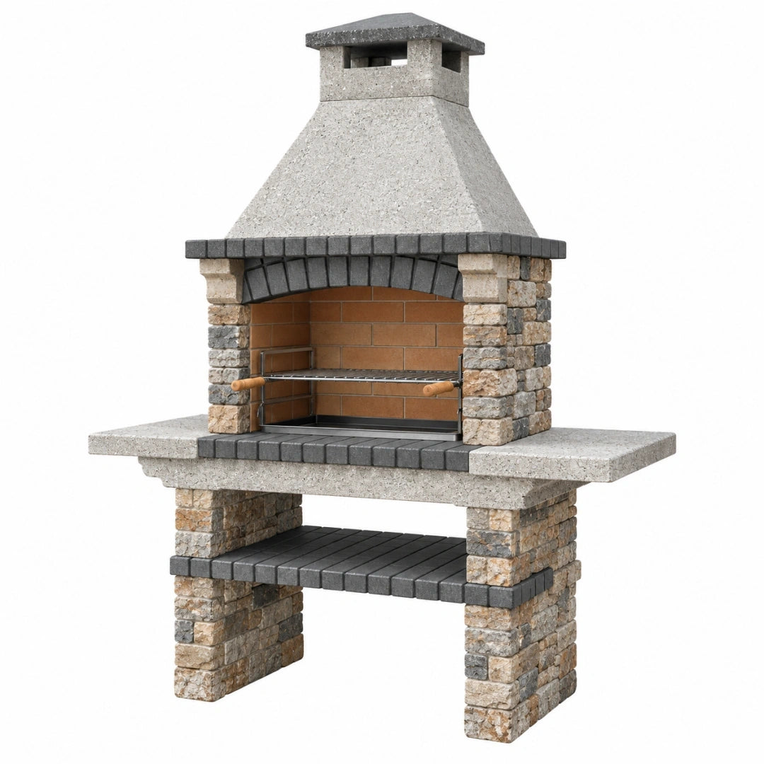 Grill ogrodowy murowany 150 x 80 x 230 cm z kamienia szary z kominem do grillowania